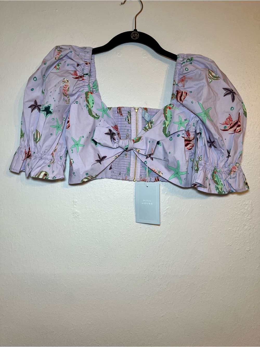 Hill House The Isabella Sea Creatures Lavender Puff Sleeve Crop Top size small